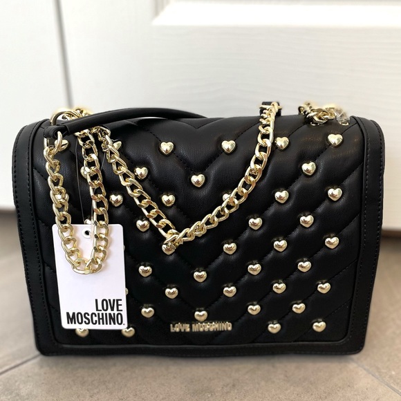SOLD LOVE MOSCHINO Gold Heart Studded Borsa Matt Nappa Nero Black Shoulder Bag - Picture 4 of 9